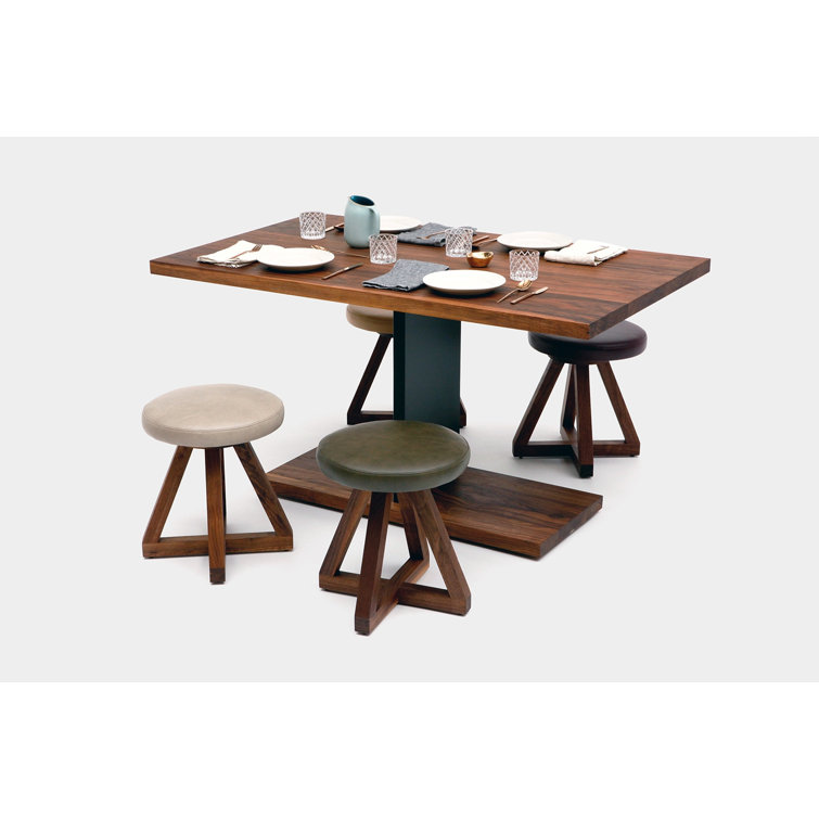Swivel Saddle-Style Backless Stool in Black Leather and Walnut