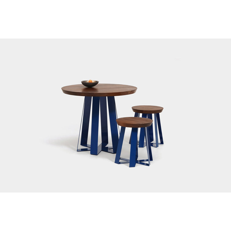 Solid Walnut Round Dining Table with Blue Pedestal Base