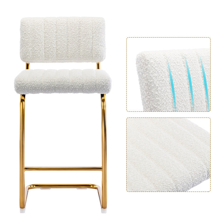 White Boucle Upholstered Counter Stools with Gold Metal Base, Set of 2
