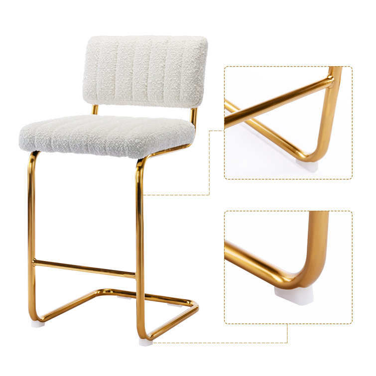 White Boucle Upholstered Counter Stools with Gold Metal Base, Set of 2