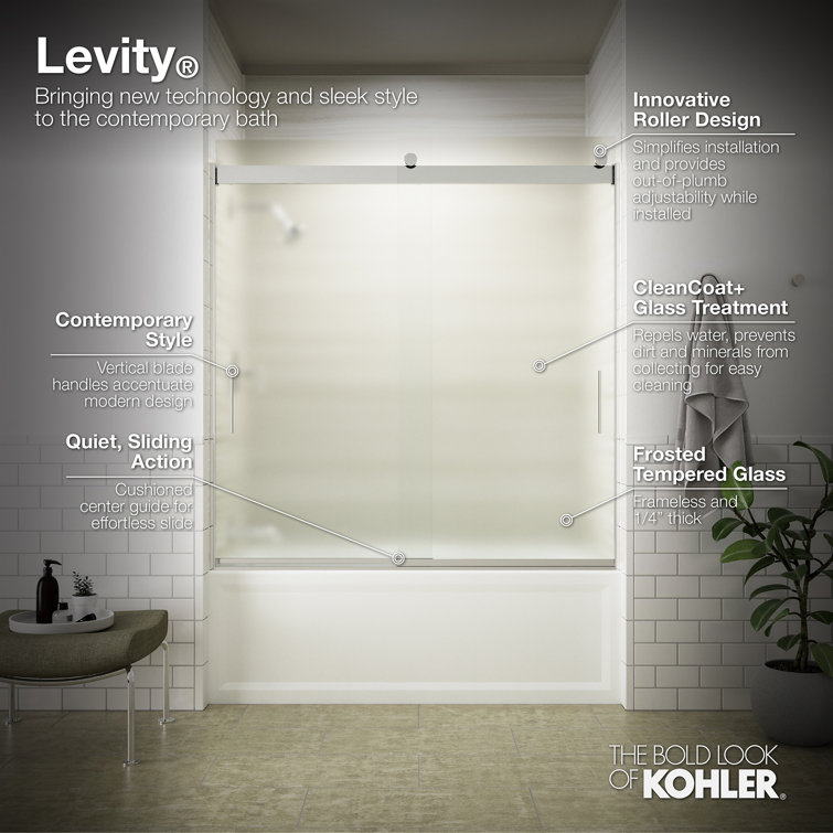 Levity Matte Nickel Sliding Bath Door with Frosted Glass Panels