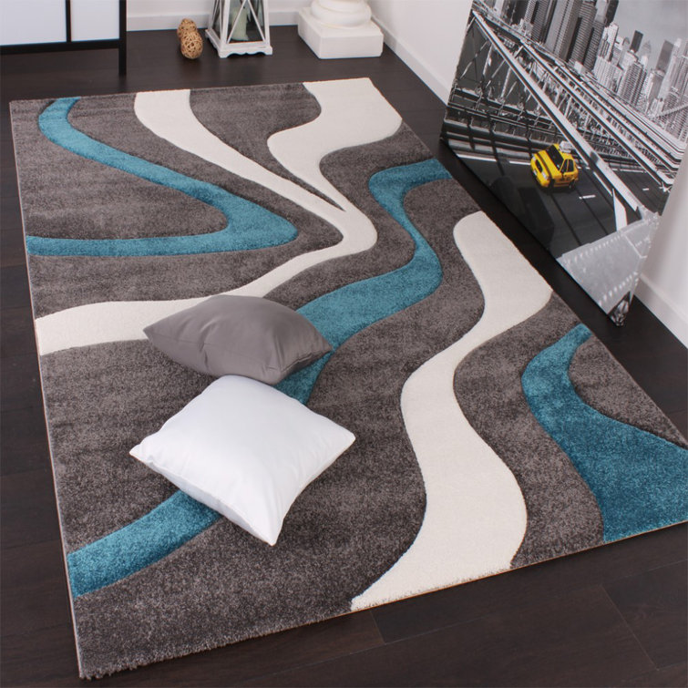Grey-Blue Geometric 5' x 7' Stain-Resistant Synthetic Rug