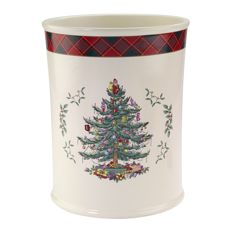 Ivory and Red Christmas Tree Tartan Wastebasket