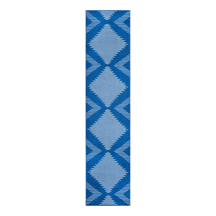 Kai Navy Blue Geometric Synthetic Runner Rug