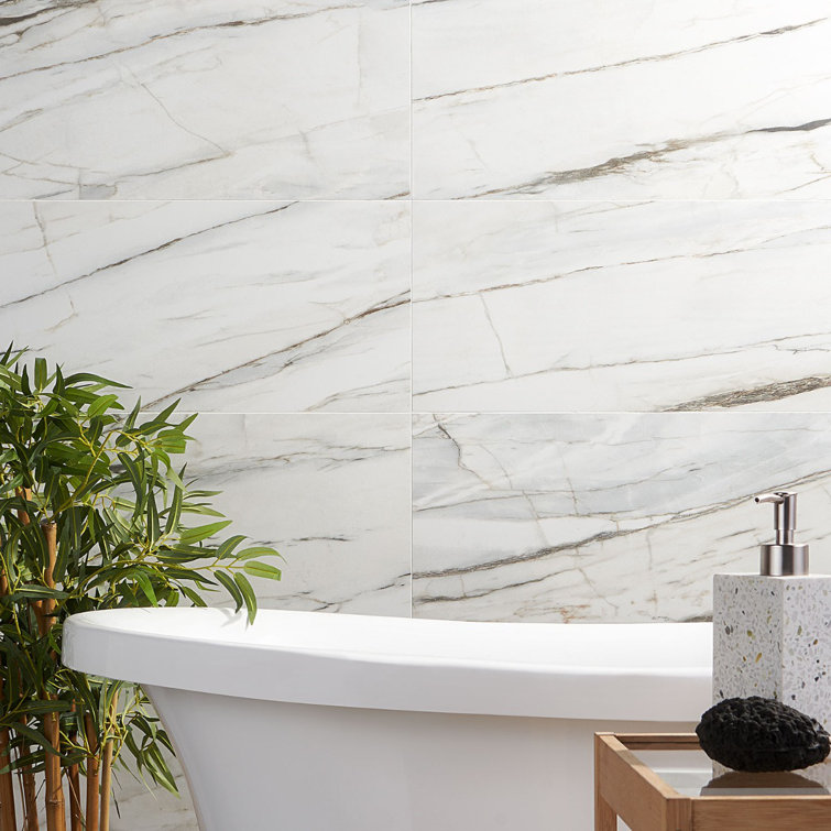 Enigma 24" Rectangular Matte White Porcelain Marble Look Tile