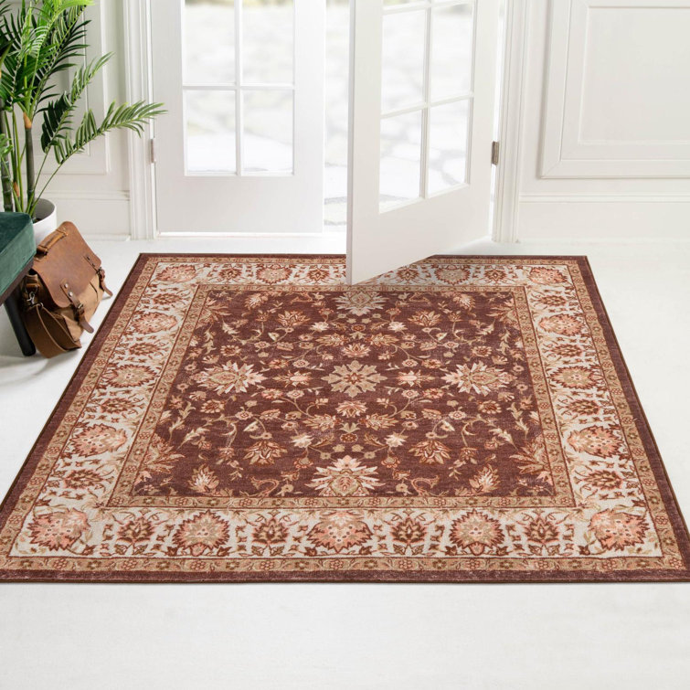 Ivory and Coffee Brown Floral Synthetic Square Rug