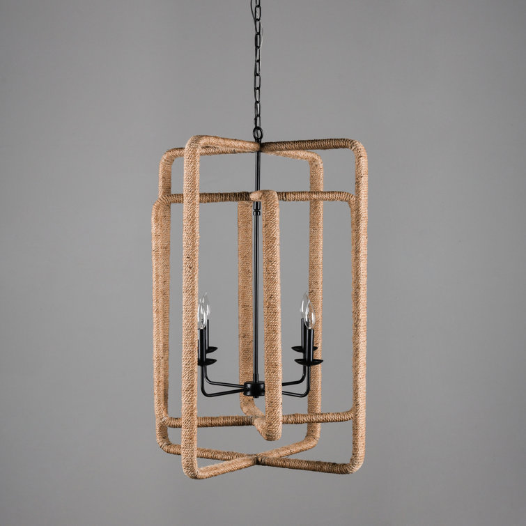 Natural Hemp Rope Geometric Pendant Light with Black Frame