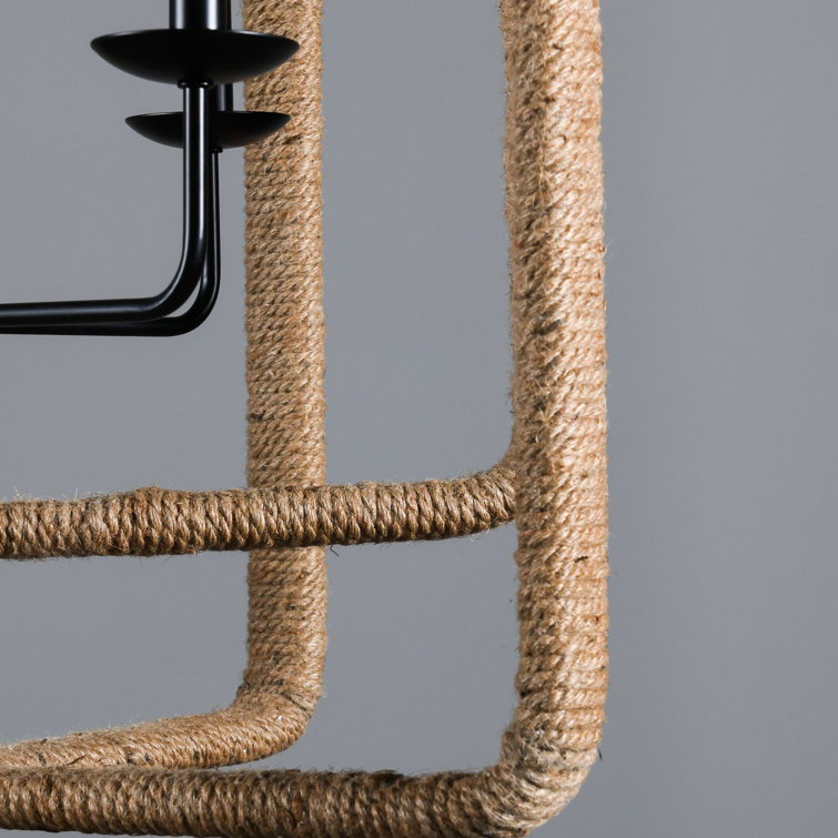Natural Hemp Rope Geometric Pendant Light with Black Frame