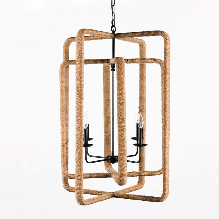 Natural Hemp Rope Geometric Pendant Light with Black Frame
