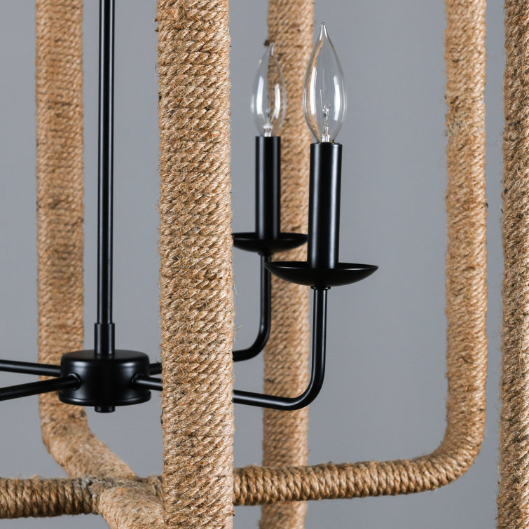 Natural Hemp Rope Geometric Pendant Light with Black Frame