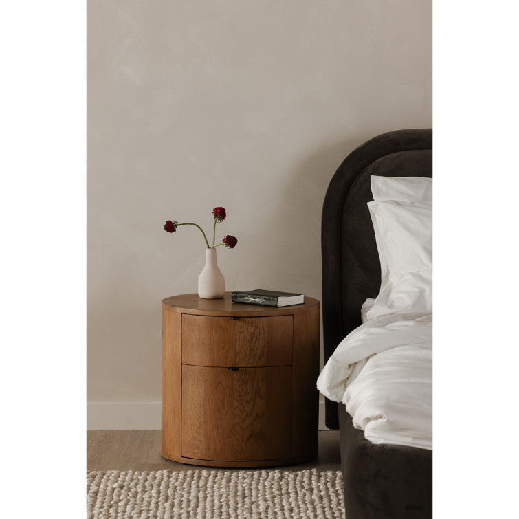 Scandinavian Solid Oak 2-Drawer Round Nightstand in Natural Brown