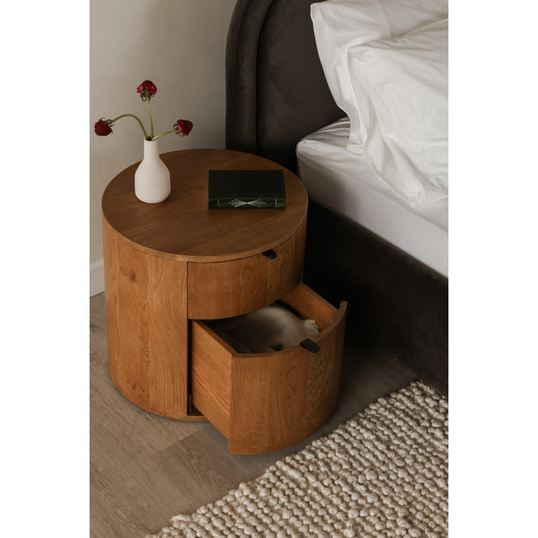 Scandinavian Solid Oak 2-Drawer Round Nightstand in Natural Brown