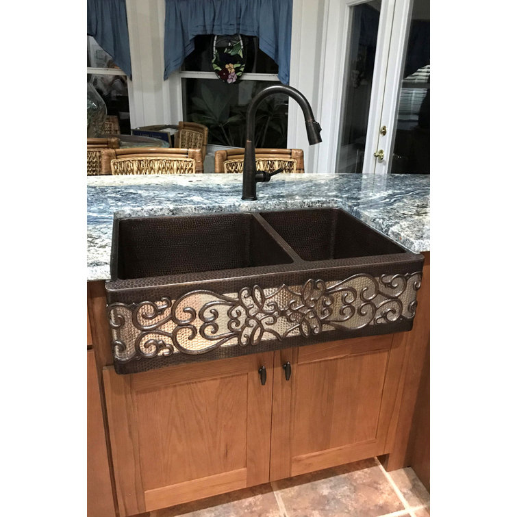 33" Hammered Copper Farmhouse Double Basin Sink with Scroll Design