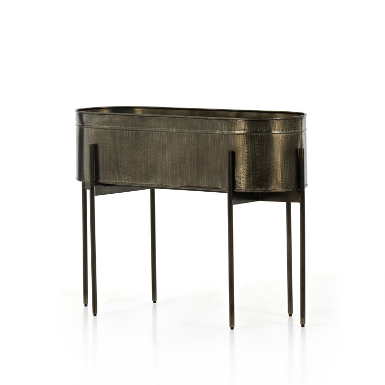 Weathered Brass Oval Iron Outdoor Planter with Stand