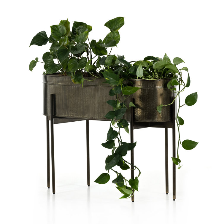 Weathered Brass Oval Iron Outdoor Planter with Stand