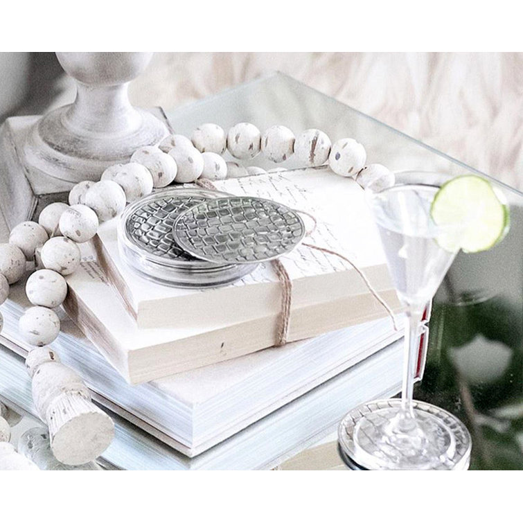 Pewter Alligator Pattern Round Coaster Set with Glass Holder