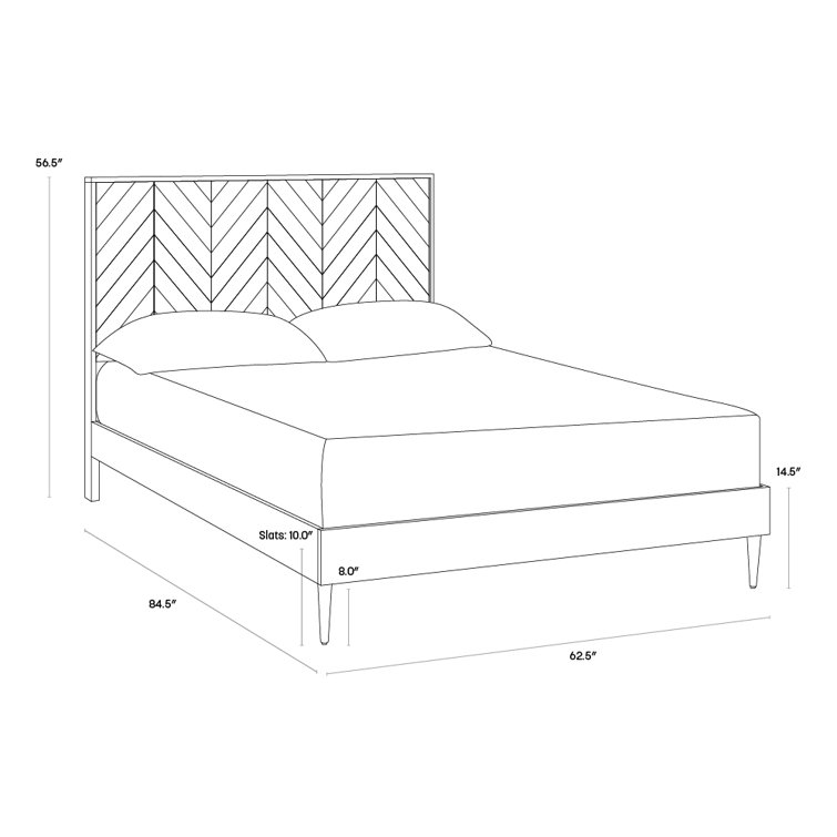 Queen Brown Metal Frame Bed with Wood Chevron Headboard