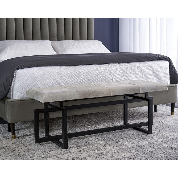 Transitional Gray Genuine Cowhide 52" Bench with Black Iron Frame