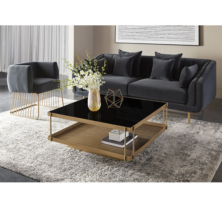 Black Glass Top Square Coffee Table with Brass Frame