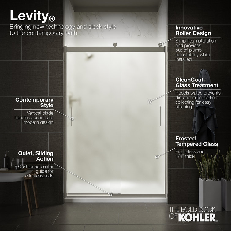 Levity Matte Black Frameless Sliding Shower Door with Frosted Glass