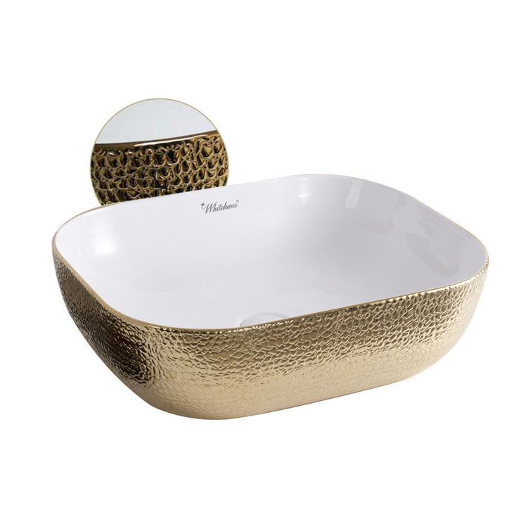 Gold and White Ceramic Rectangular Bathroom Vessel Sink