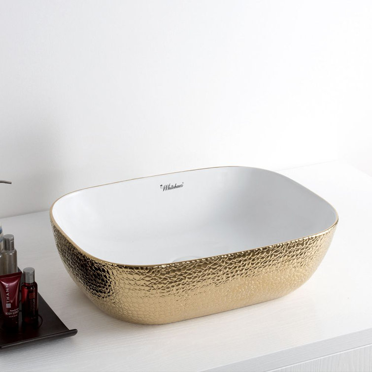 Gold and White Ceramic Rectangular Bathroom Vessel Sink