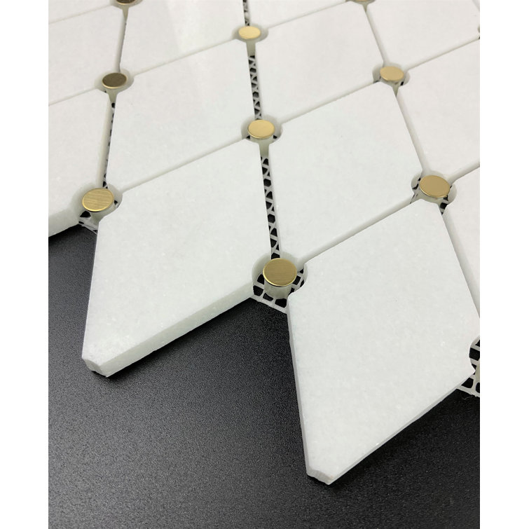 Thassos White Marble and Gold Circle Mosaic Wall Tile