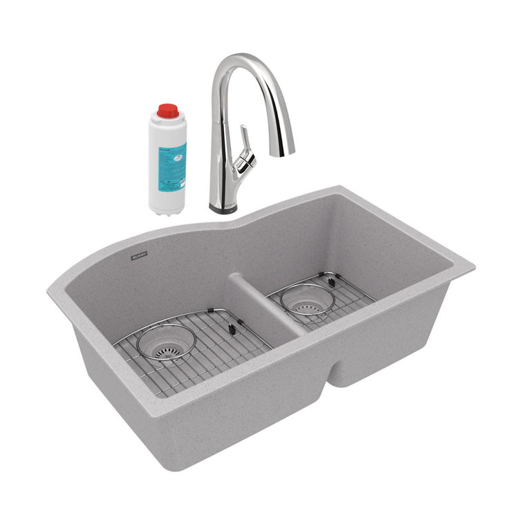 Graystone Double Bowl Stone Undermount Kitchen Sink with Faucet