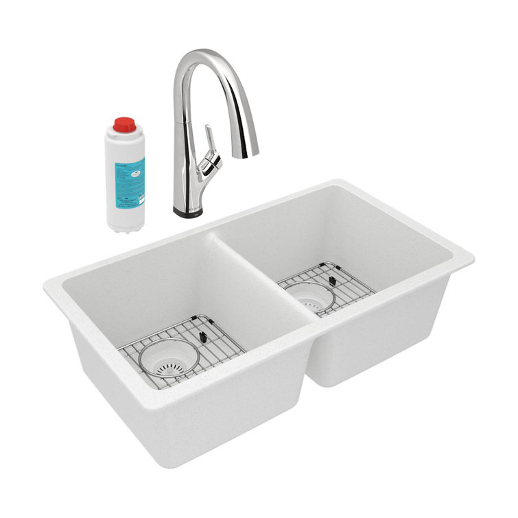 White Quartz Double Bowl Undermount Kitchen Sink with Faucet