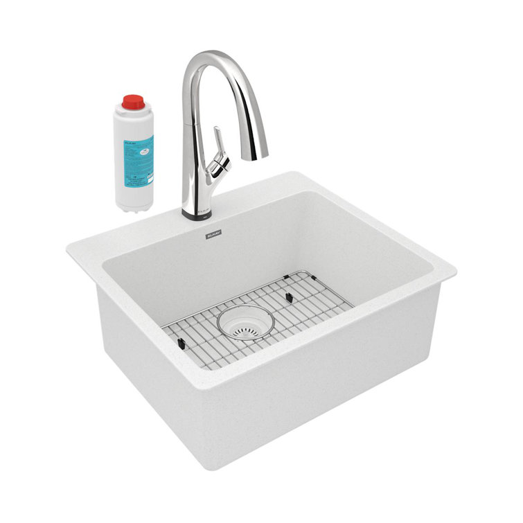 White Quartz 25" x 22" Single Bowl Drop-In Kitchen Sink Kit
