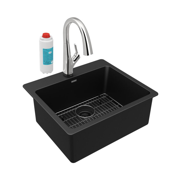 Black Quartz 25" Single Bowl Drop-In Kitchen Sink Kit