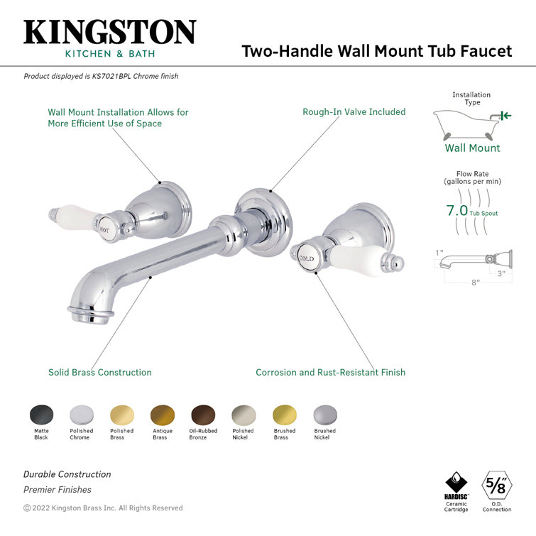 Polished Brass Wall Mounted Double Handle Tub Spout