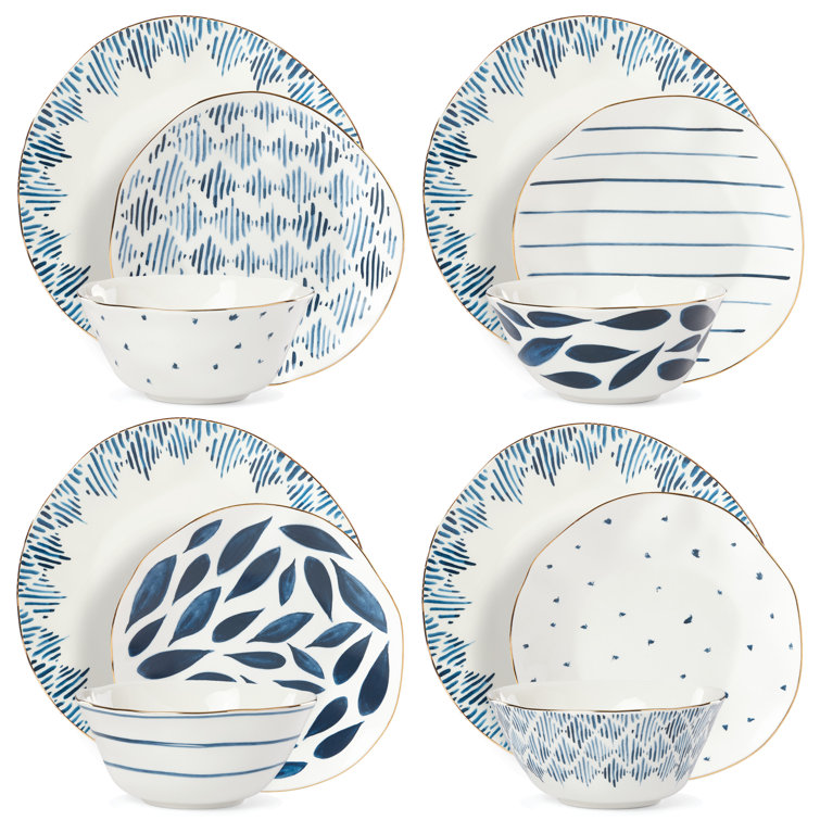 Blue and White Porcelain 12-Piece Floral Dinnerware Set