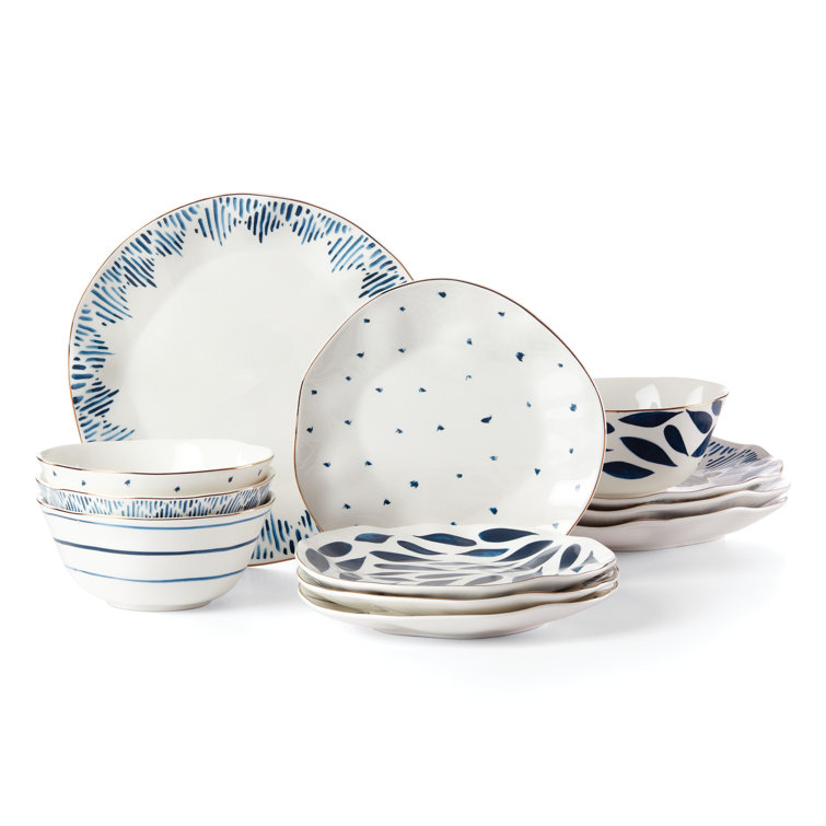 Blue and White Porcelain 12-Piece Floral Dinnerware Set