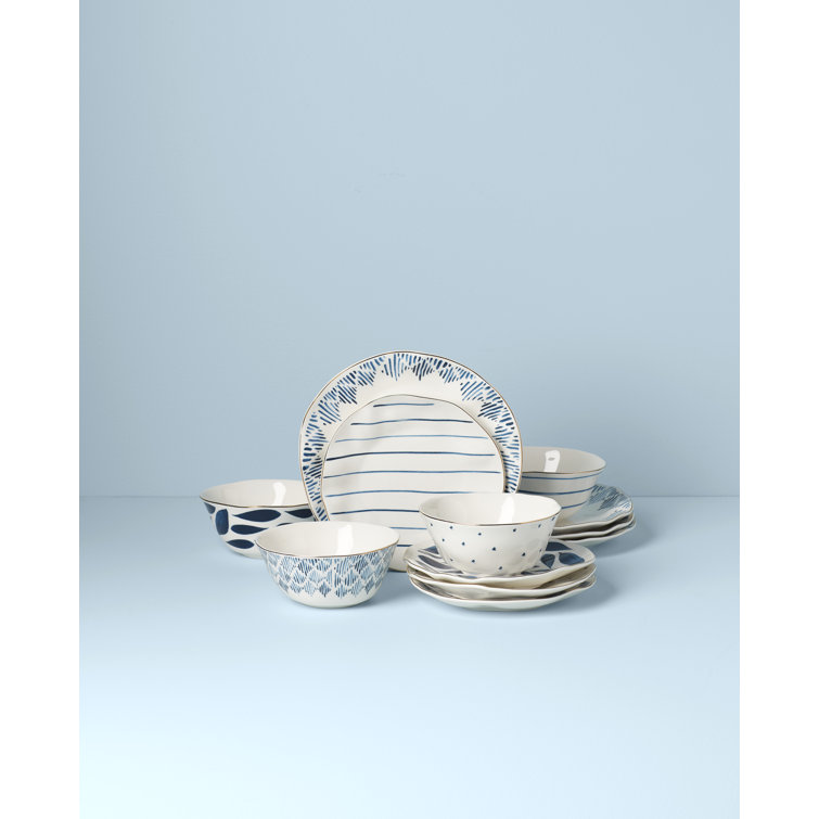 Blue and White Porcelain 12-Piece Floral Dinnerware Set
