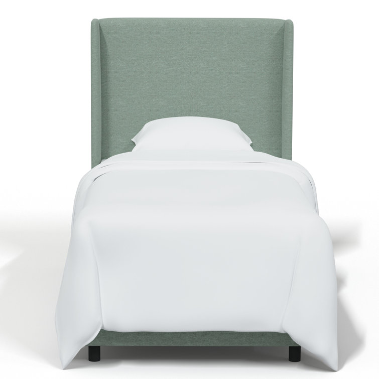 Twin Seafoam Linen Upholstered Bed with Wingback Headboard