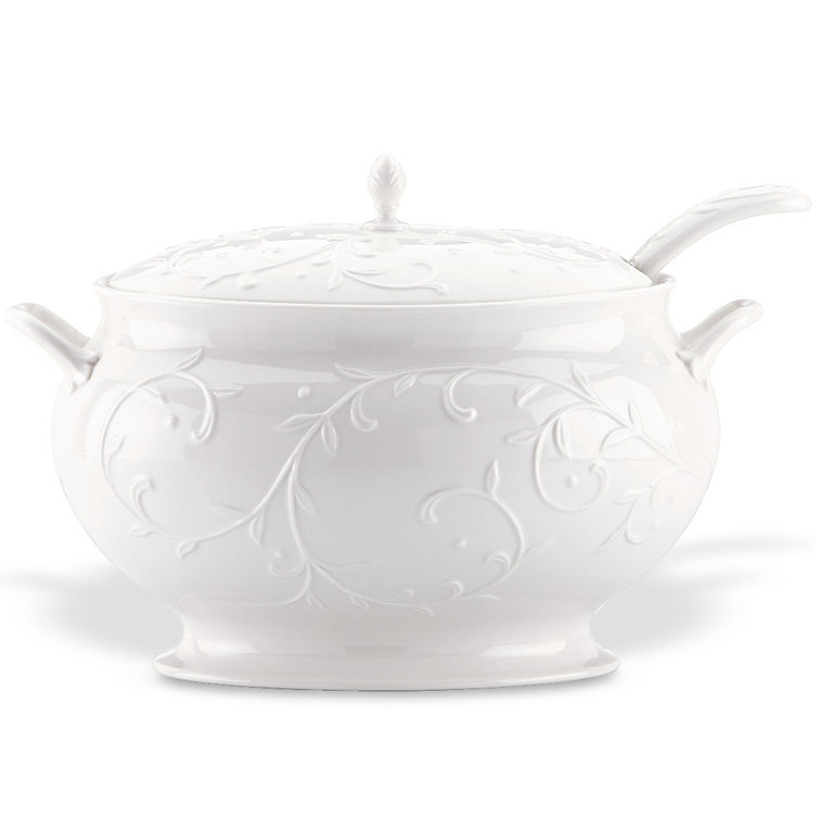 White Porcelain Soup Tureen with Ladle and Lid