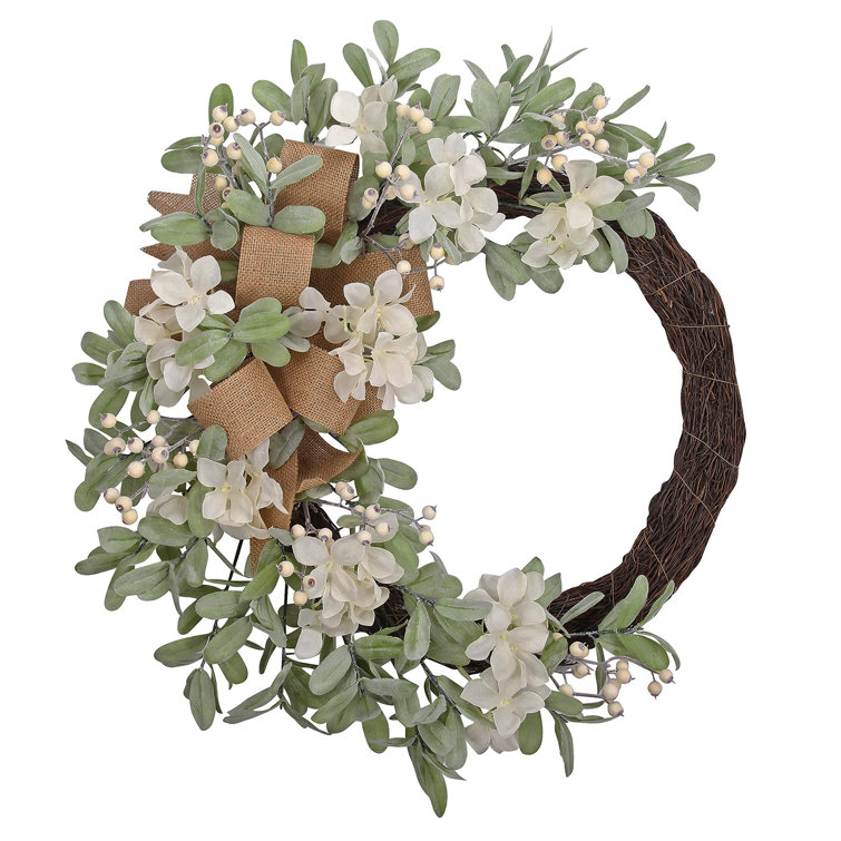 Crescent Grapevine Hydrangea Wreath with Burlap Bow - 28''