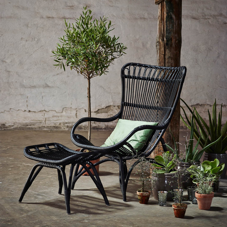 Black Handcrafted Rattan Mid-Century Modern Ottoman
