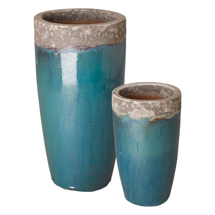 Teal and Gray Tall Ceramic Planter for Indoor/Outdoor Use