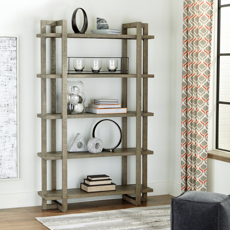 Bergton 48'' Wide Solid Wood Etagere Bookcase in Distressed Gray