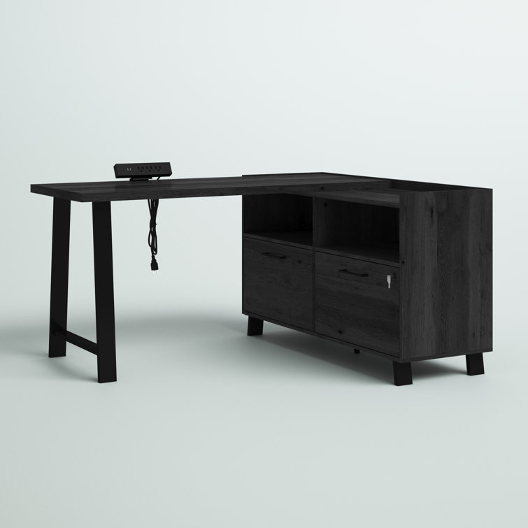 Gray Oak L-Shaped Computer Desk with Power Outlet and Filing Cabinet
