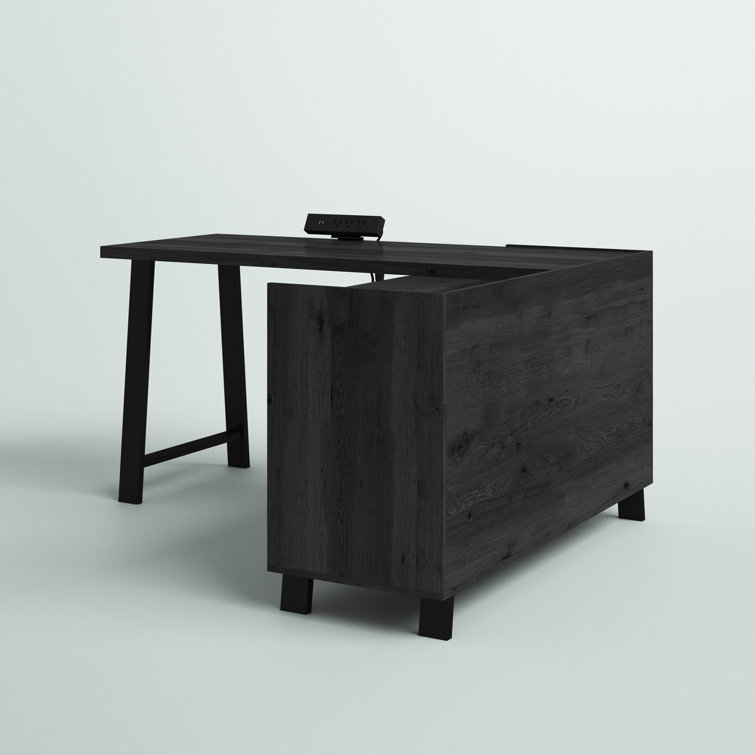 Gray Oak L-Shaped Computer Desk with Power Outlet and Filing Cabinet