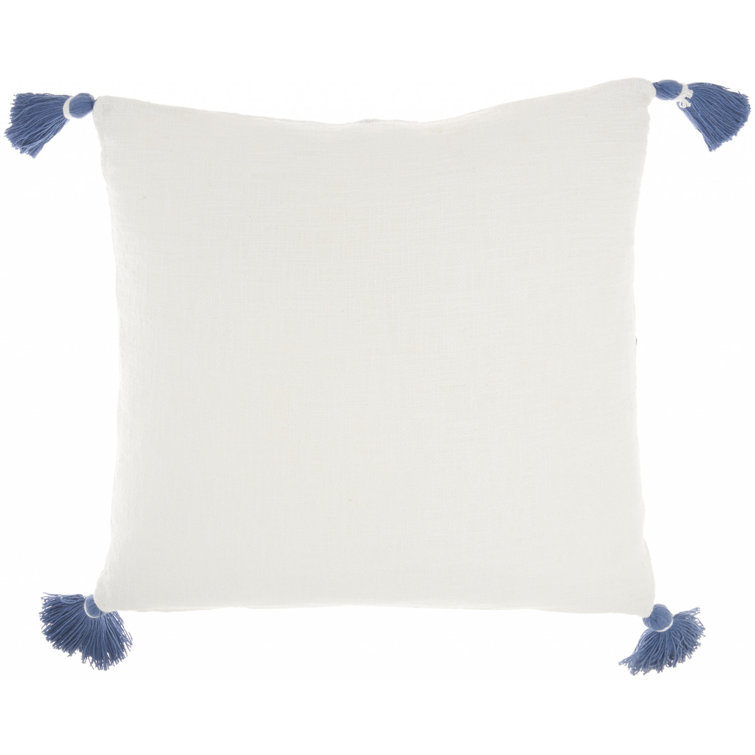 20" Square Blue and White Embroidered Cotton Throw Pillow with Tassels