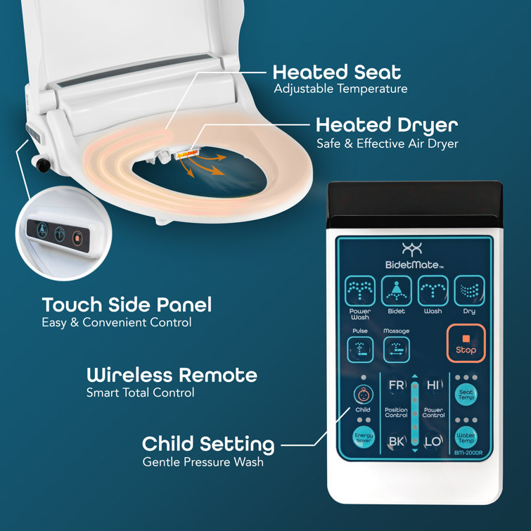 BidetMate 2000 Series White Heated Smart Toilet Seat with Remote