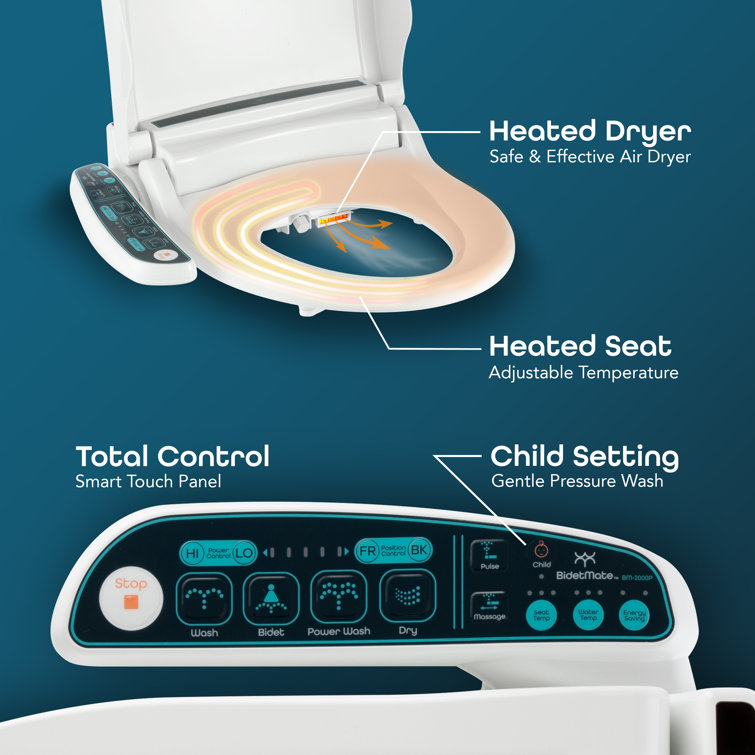 Elongated White Electric Bidet Toilet Seat with Side Panel