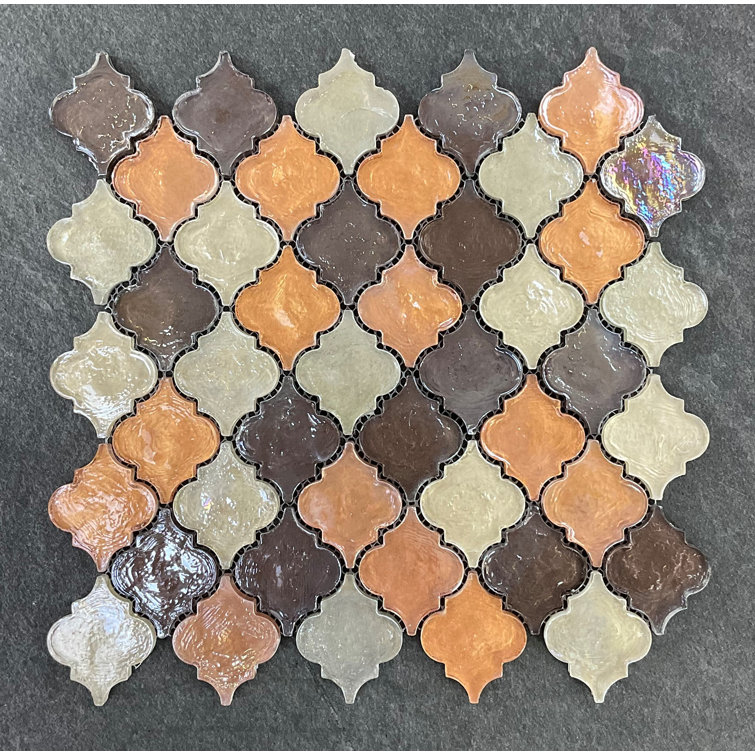 2" x 2.5" Orange Beige Brown Glass Arabesque Mosaic Tile
