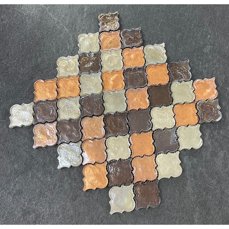 2" x 2.5" Orange Beige Brown Glass Arabesque Mosaic Tile