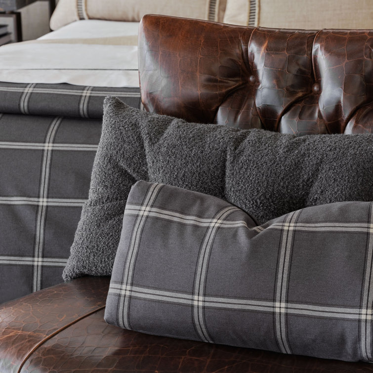 Gray Plaid Cotton Blend Lumbar Accent Pillow with Piped Edges