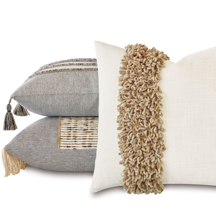 Square Beige Polyester Throw Pillow with Fringe